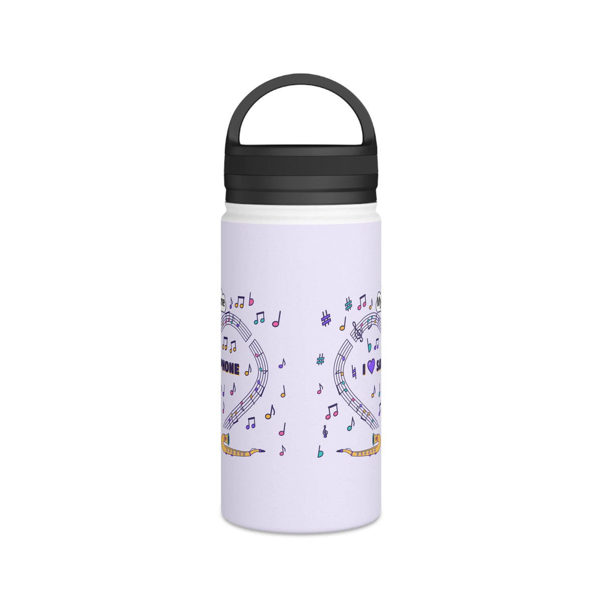 Music-themed Stainless Steel Water Bottle, Handle Lid: 'I love saxophone' - violet