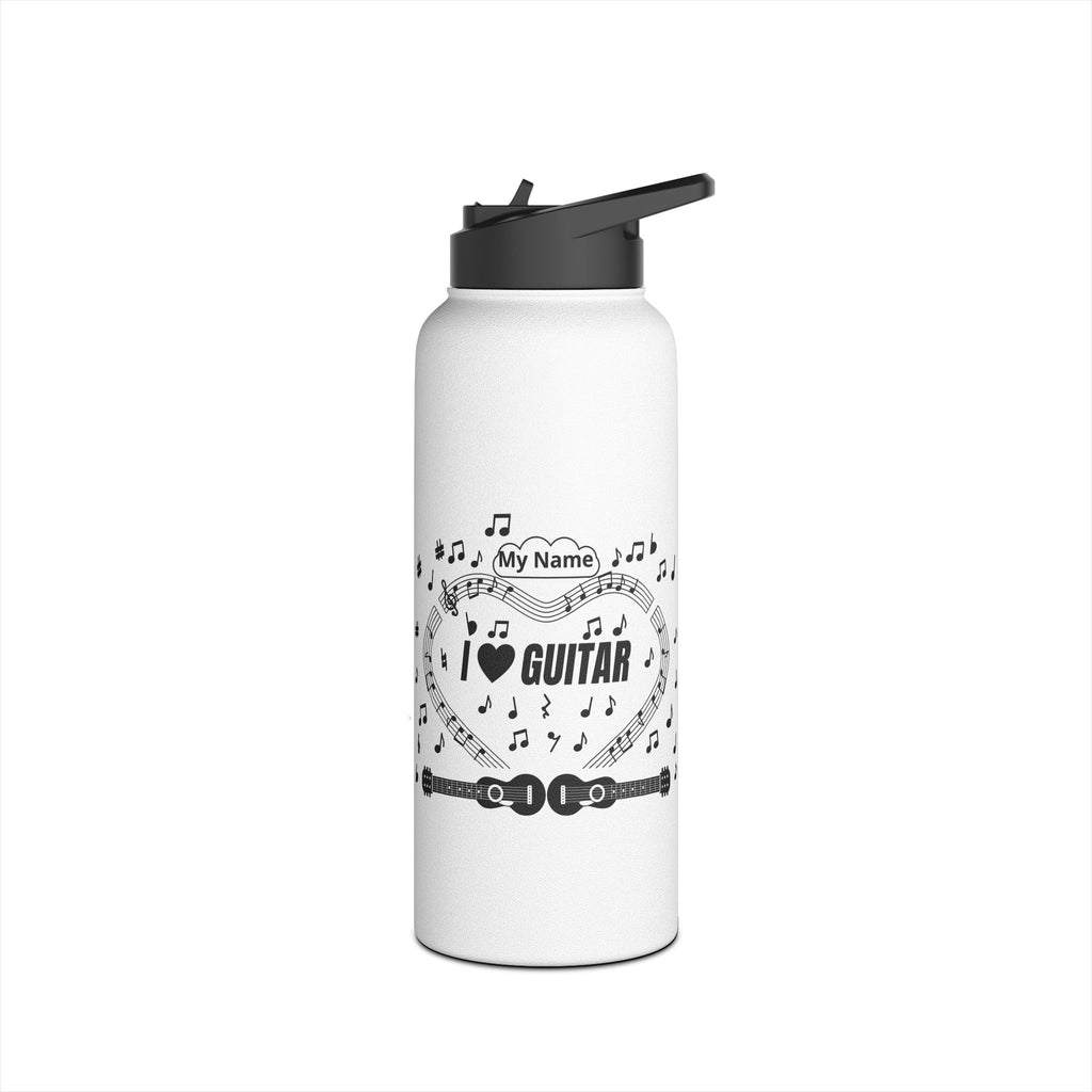 Music-themed Stainless Steel Water Bottle, Standard Lid: 'I love guitar' - black on white