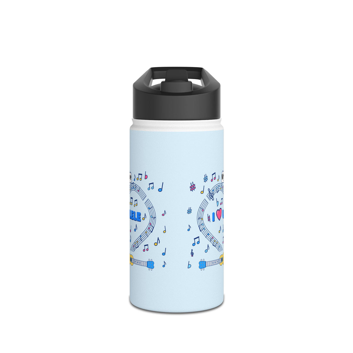 Music-themed Stainless Steel Water Bottle, Standard Lid: 'I love ukulele' - blue