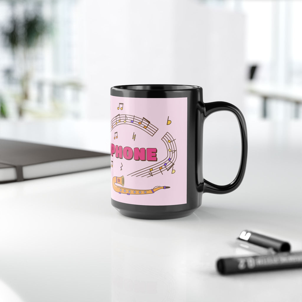 Music-themed Black Mug (11oz, 15oz): 'I love saxophone' - pink