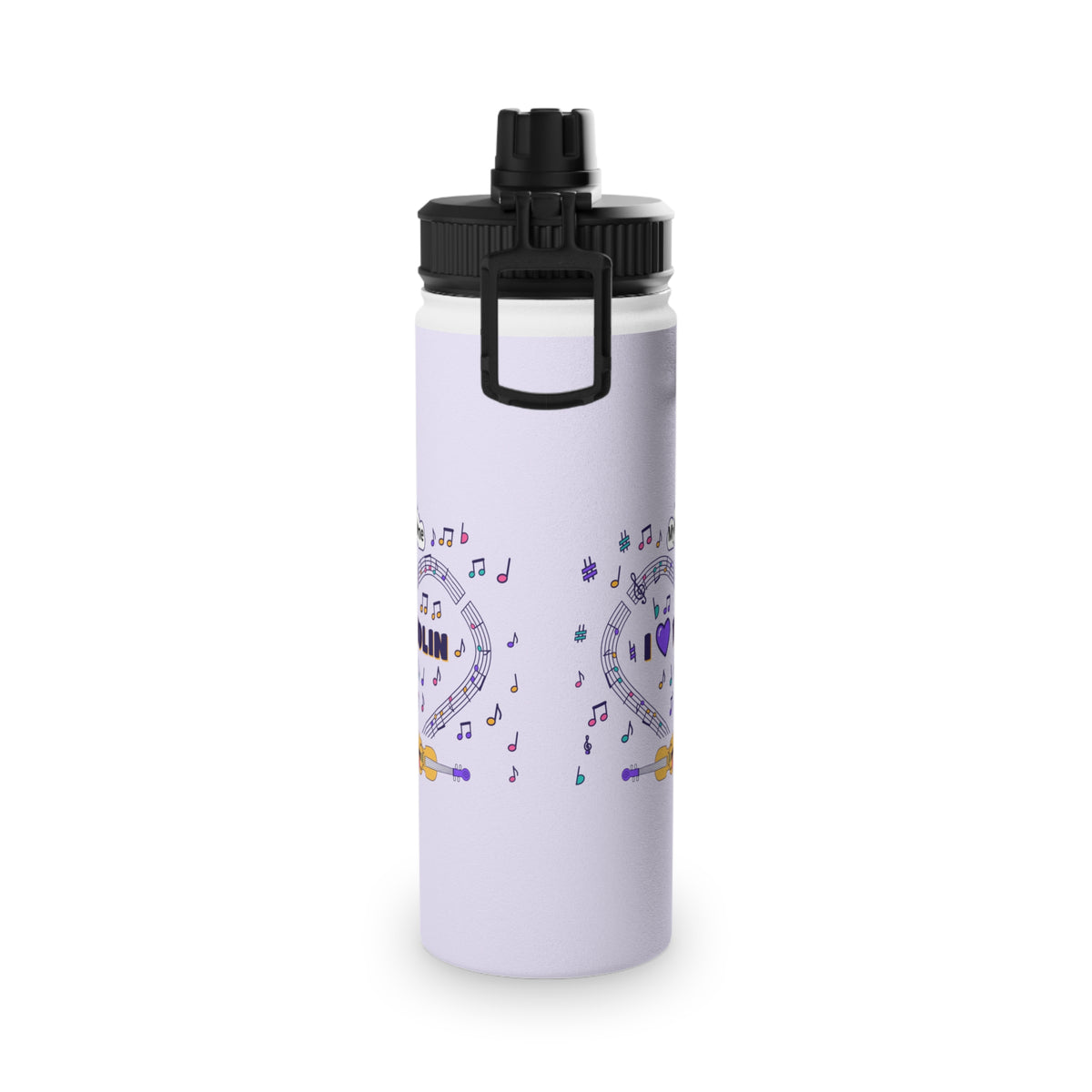 Music-themed Stainless Steel Water Bottle, Sports Lid: 'I love violin' - violet