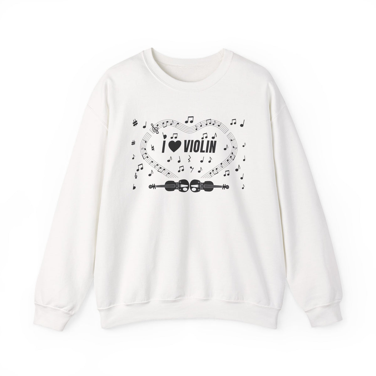 Music-themed Unisex Heavy Blend Crewneck Sweatshirt: 'I love violin' - black on white