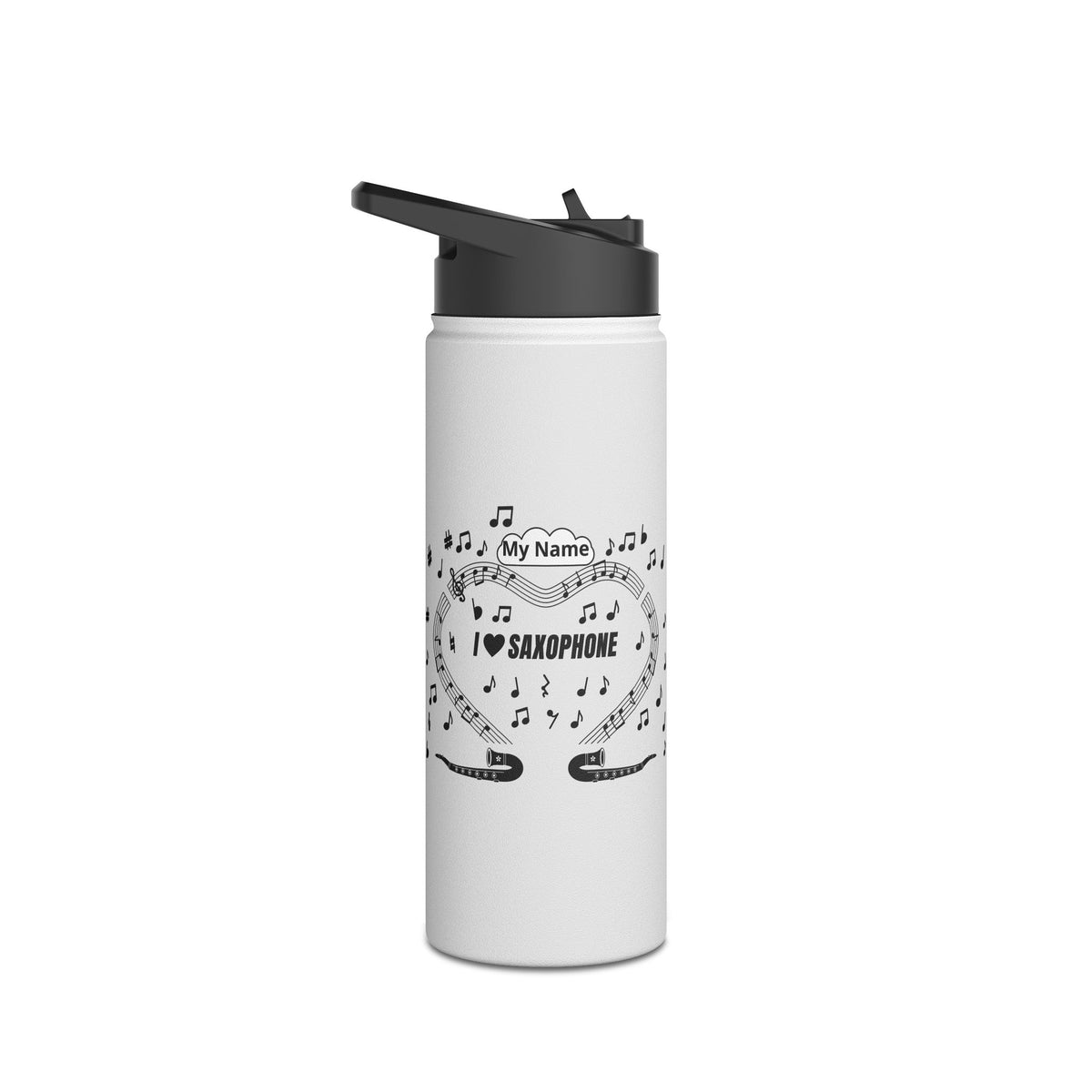 Music-themed Stainless Steel Water Bottle, Standard Lid: 'I love saxophone' - black on white