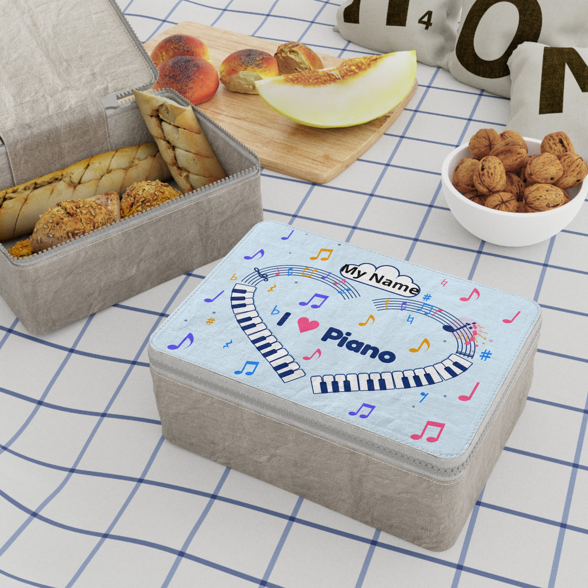 Music-themed Paper Lunch Bag: 'I love piano' heart - blue
