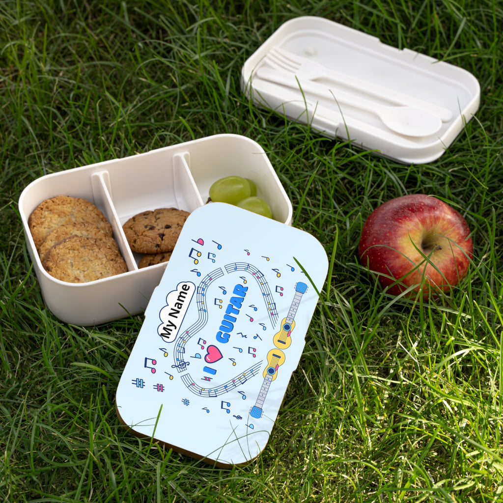 Music-themed Bento Lunch Box: 'I love guitar' - blue