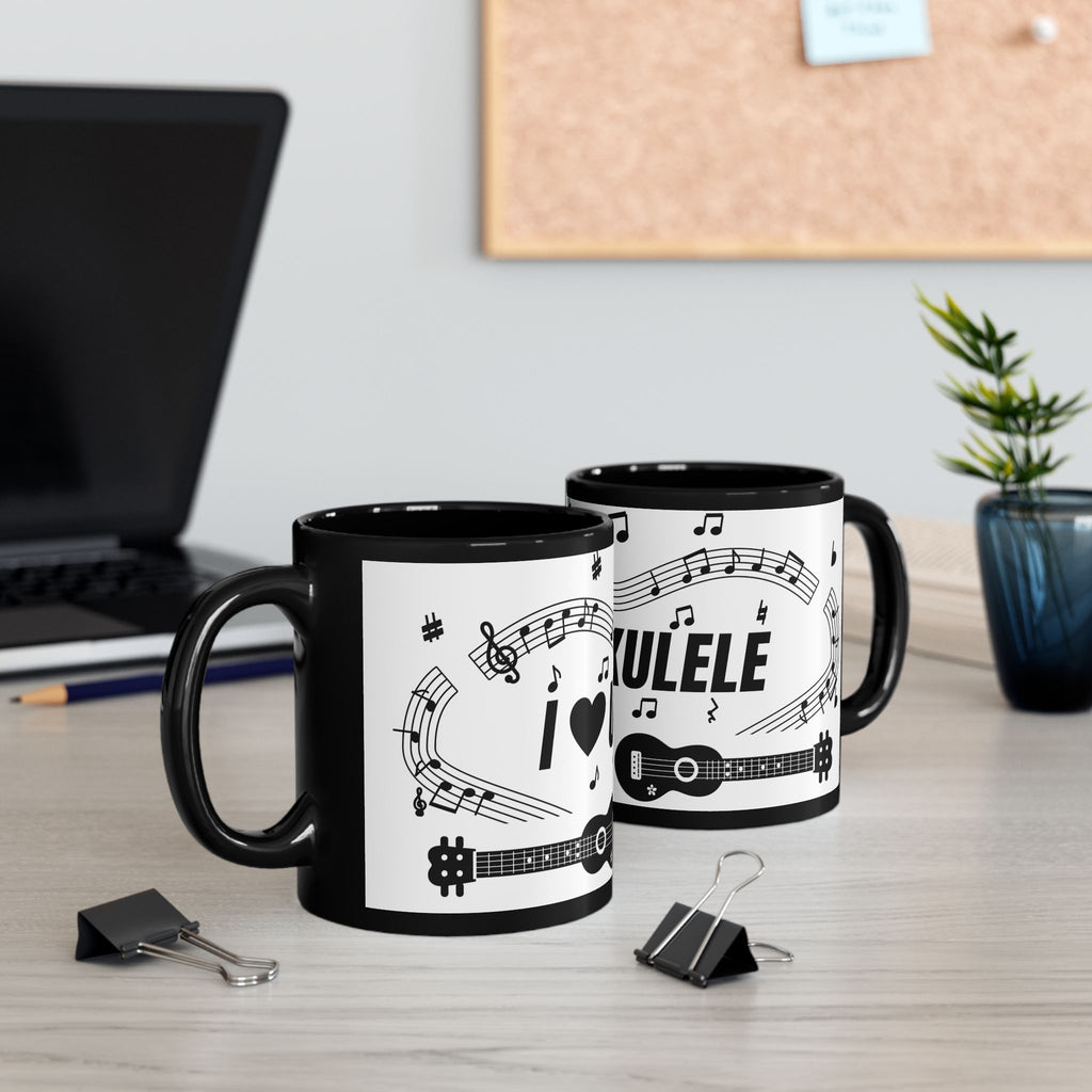 Music-themed Black Mug (11oz, 15oz): 'I love ukulele' - black on white