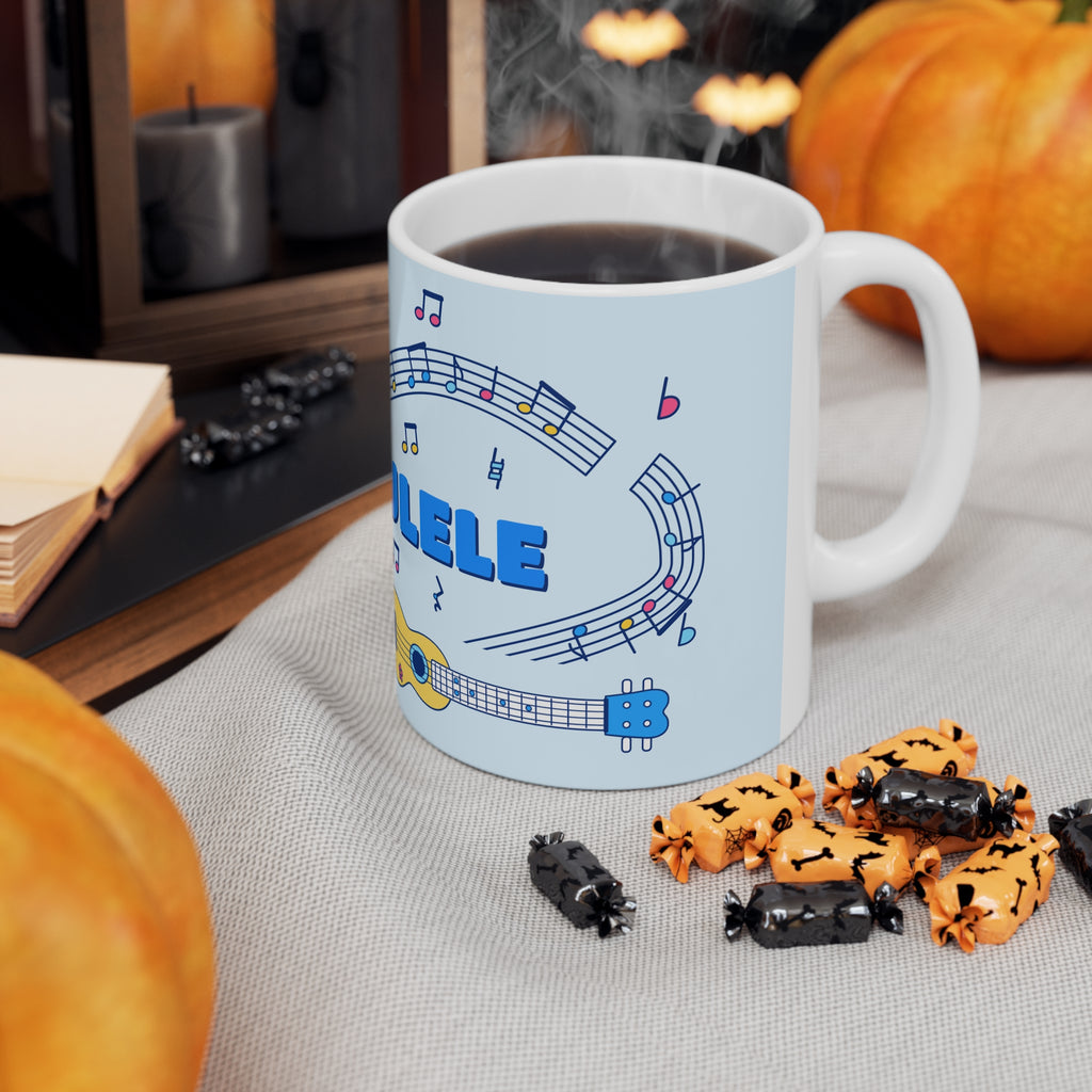 Music-themed Ceramic Mug, 11oz, 15oz: 'I love ukulele' - blue