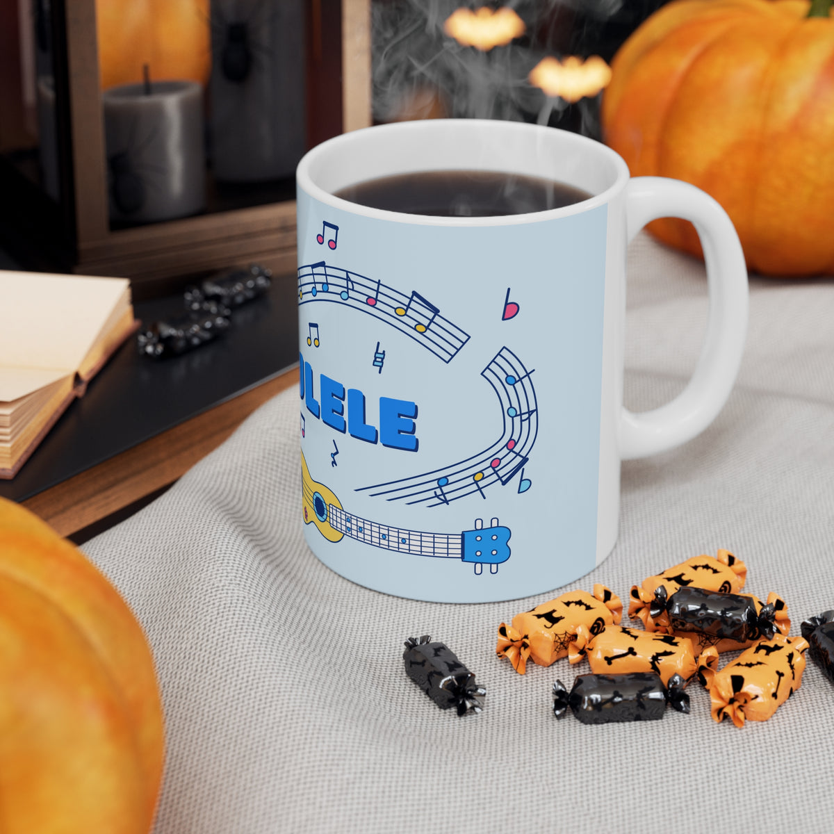 Music-themed Ceramic Mug, 11oz, 15oz: 'I love ukulele' - blue