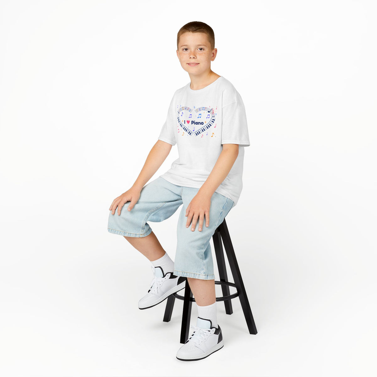 Music-themed Kids Heavy Cotton Tee: 'I love piano' heart - blue