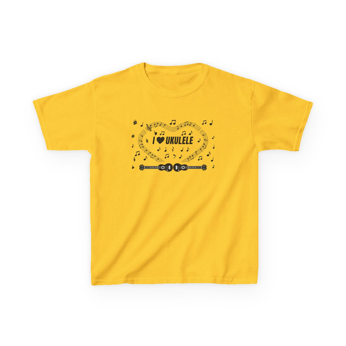 Music-themed Kids Heavy Cotton Tee: 'I love ukulele' - black on white