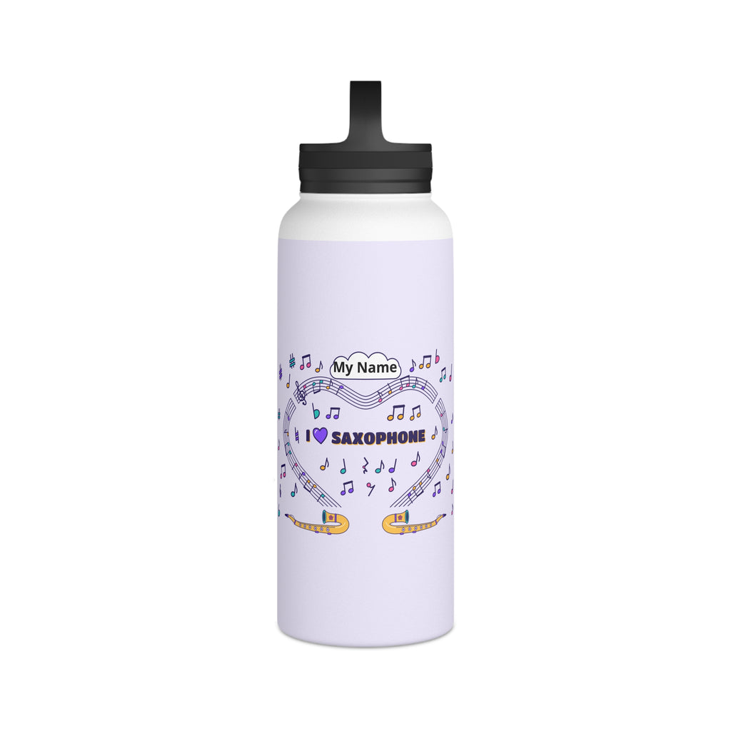 Music-themed Stainless Steel Water Bottle, Handle Lid: 'I love saxophone' - violet