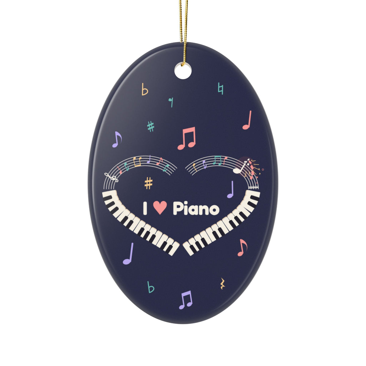 Music-themed Ceramic Ornaments, 2-Side Print: 'I love piano' heart - navy