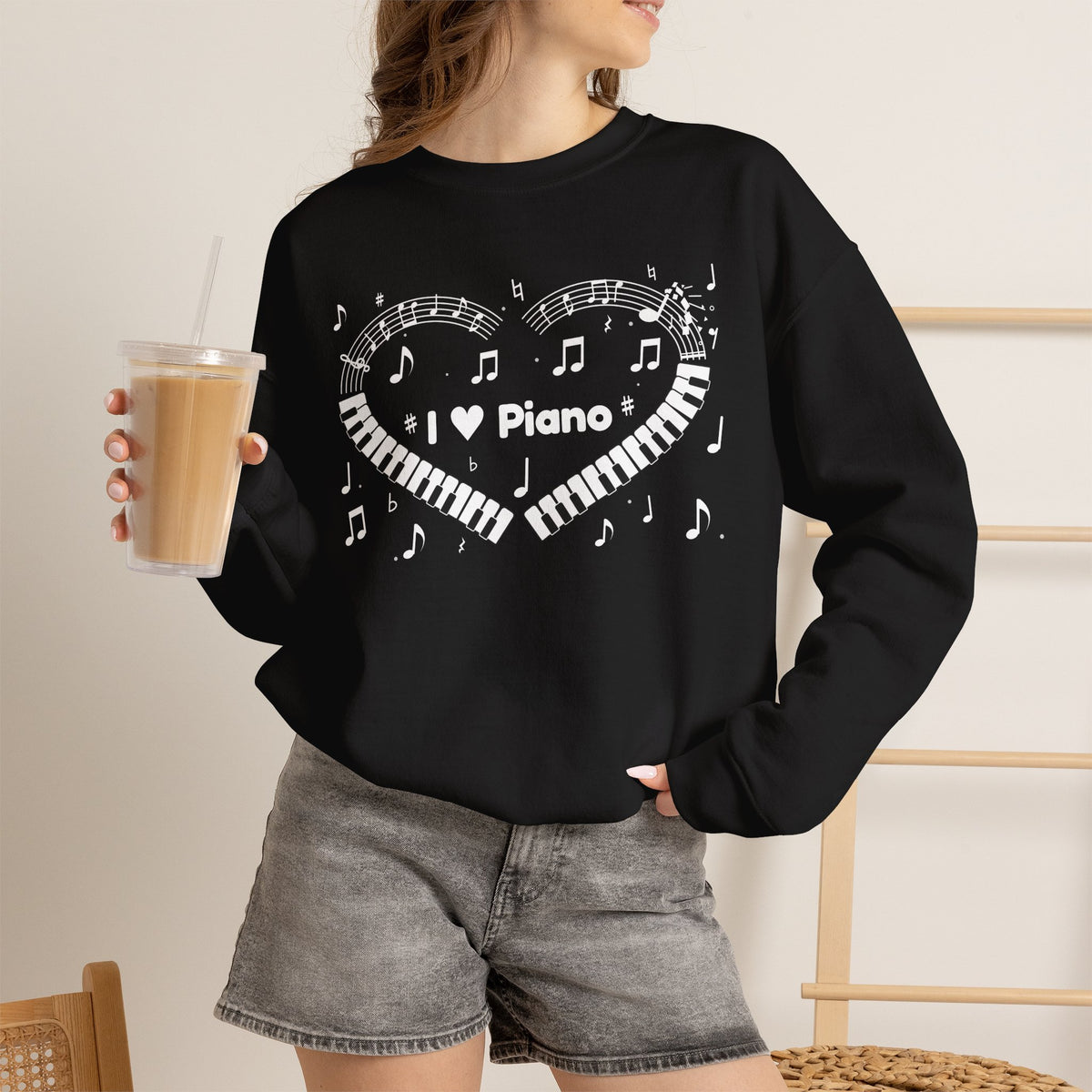 Music-themed Unisex Heavy Blend Crewneck Sweatshirt: 'I love piano' heart - black & white