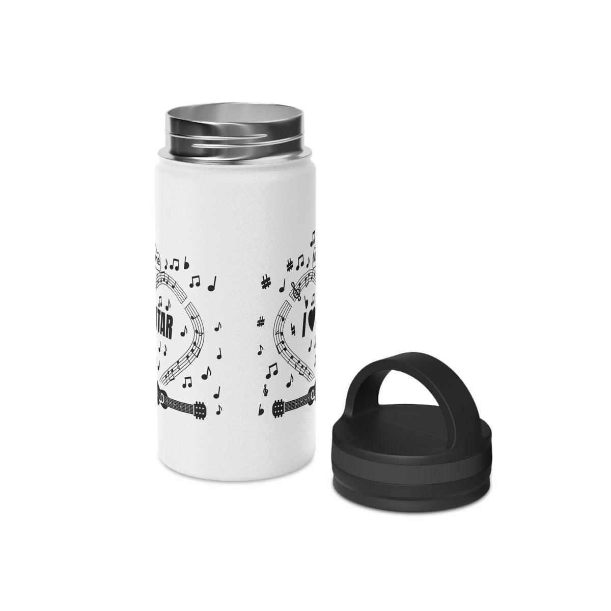 Music-themed Stainless Steel Water Bottle, Handle Lid: 'I love guitar' - black on white