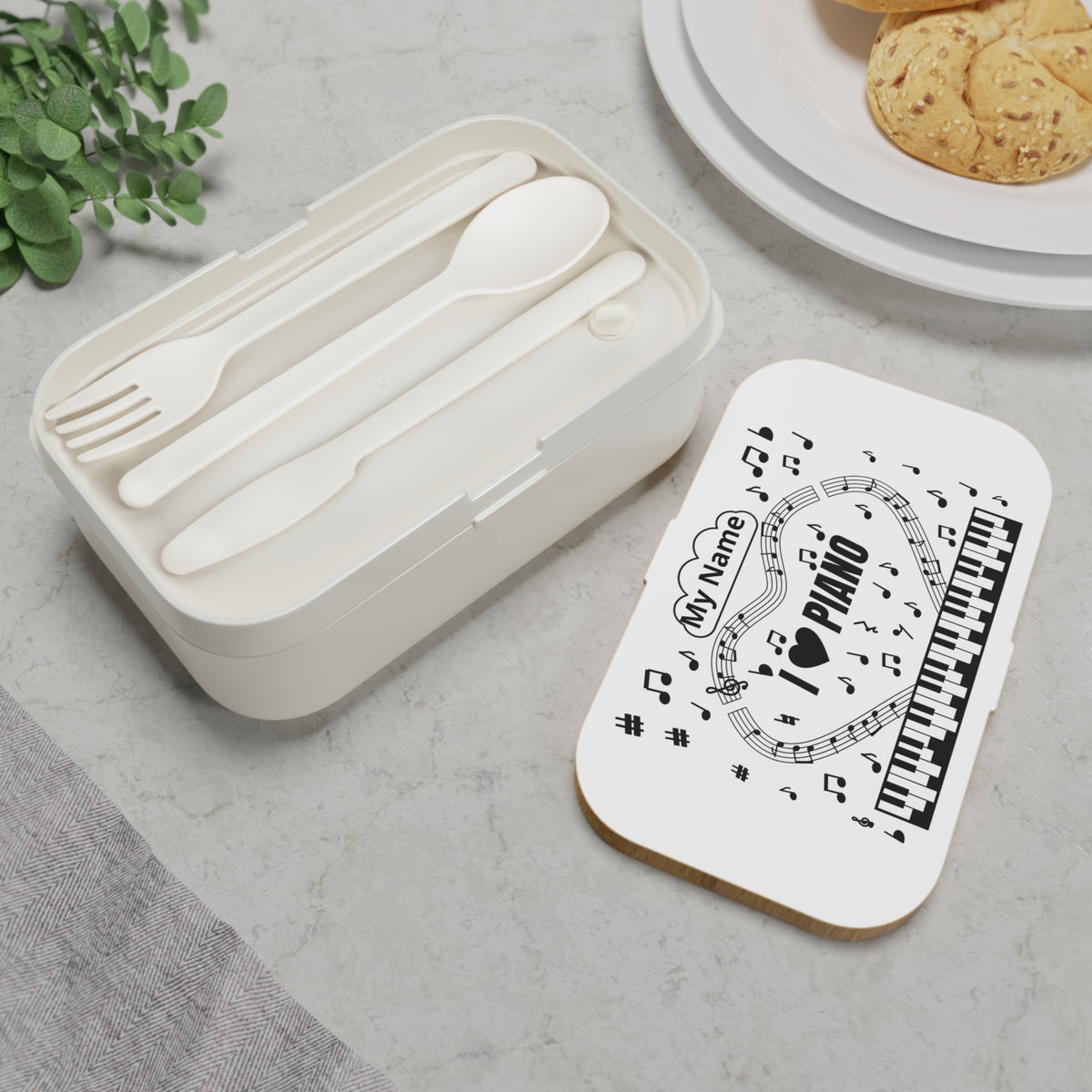 Music-themed Bento Lunch Box: 'I love piano' - black on white