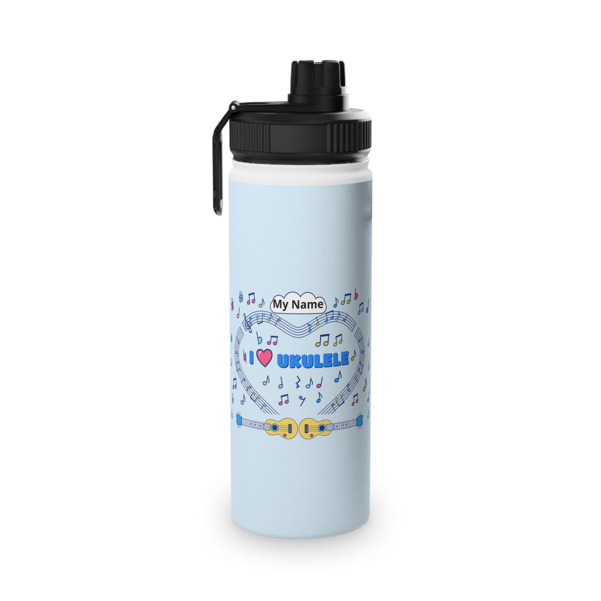 Music-themed Stainless Steel Water Bottle, Sports Lid: 'I love ukulele' - blue