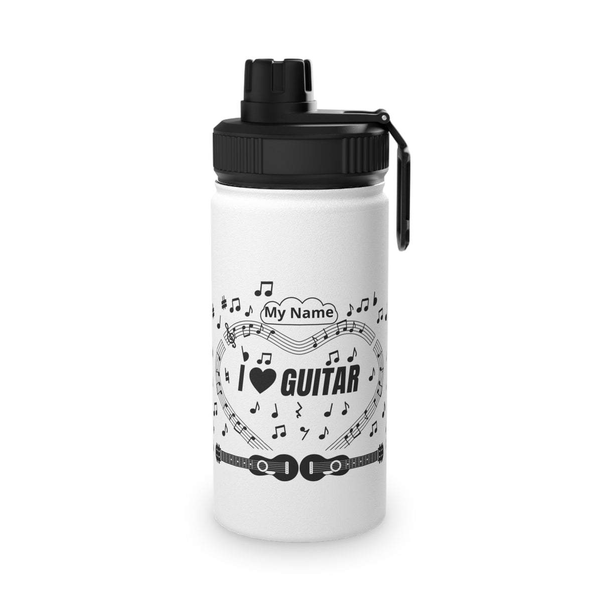 Music-themed Stainless Steel Water Bottle, Sports Lid: 'I love guitar' - black on white