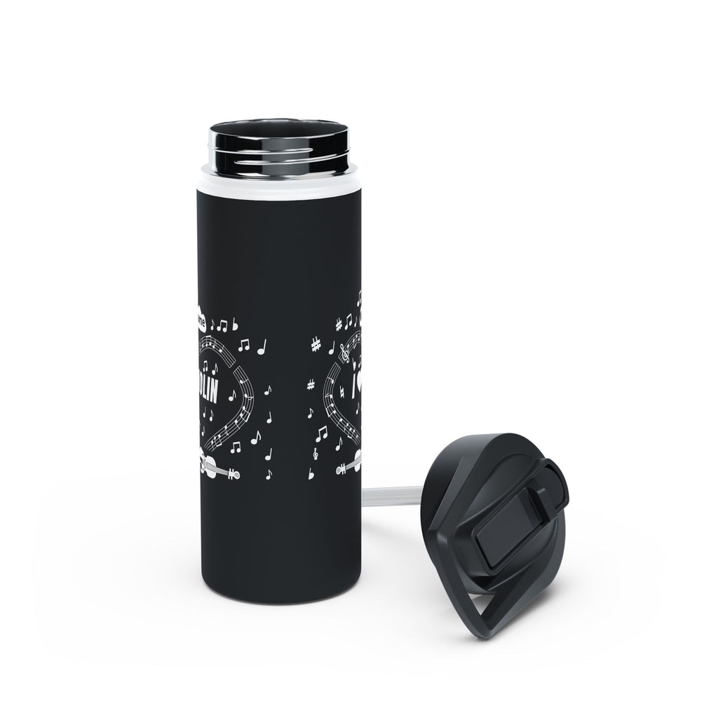 Music-themed Stainless Steel Water Bottle, Standard Lid: 'I love violin' - black & white