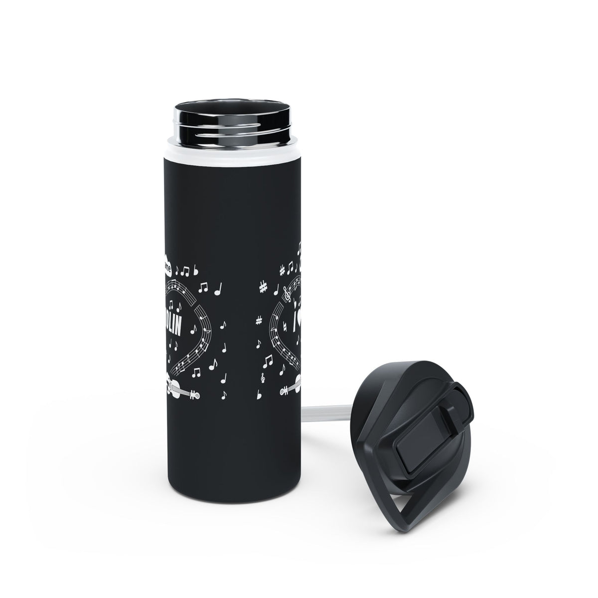 Music-themed Stainless Steel Water Bottle, Standard Lid: 'I love violin' - black & white