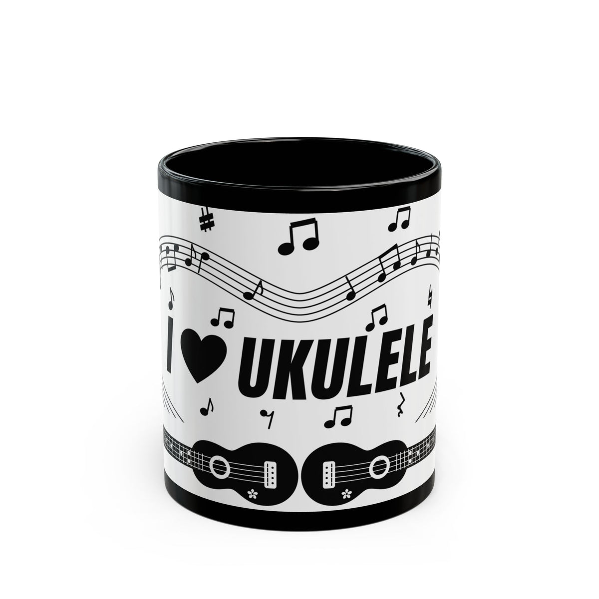 Music-themed Black Mug (11oz, 15oz): 'I love ukulele' - black on white