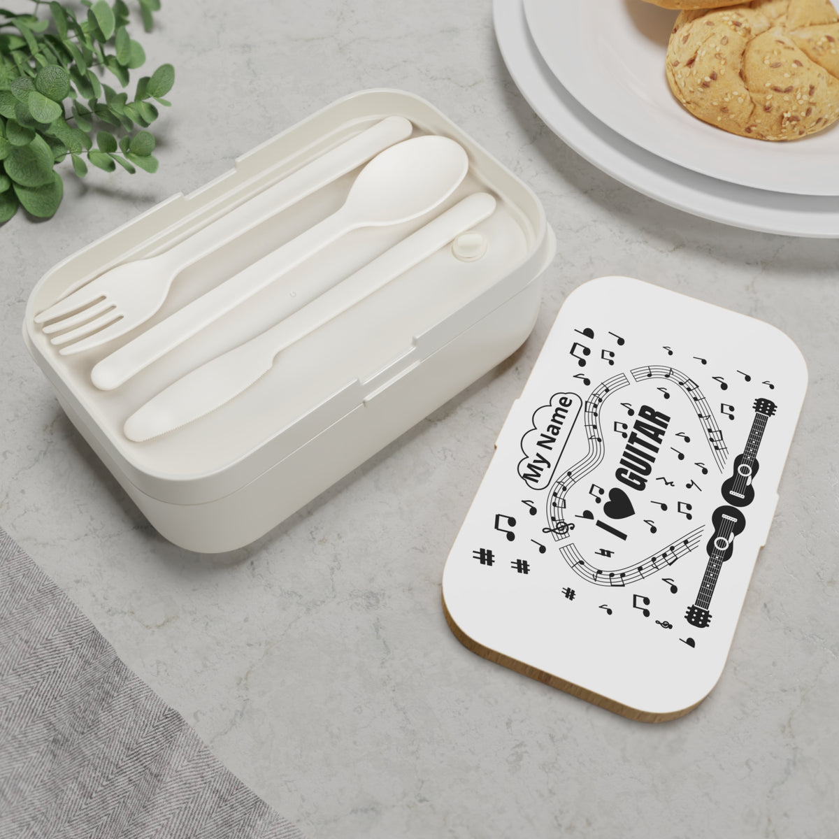 Music-themed Bento Lunch Box: 'I love guitar' - black on white