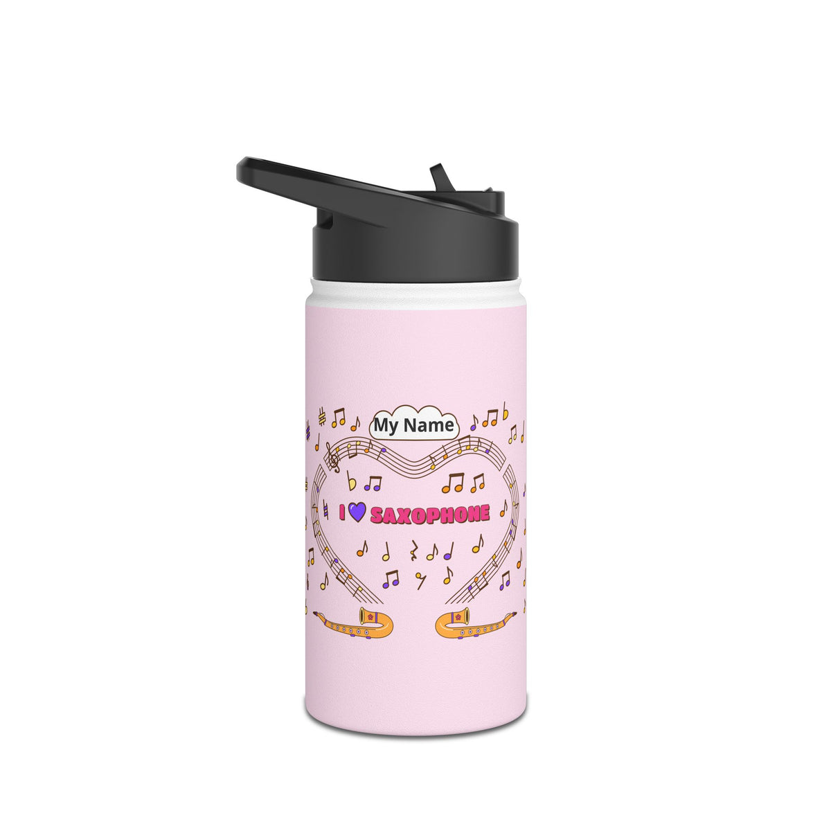 Music-themed Stainless Steel Water Bottle, Standard Lid: 'I love saxophone' - pink