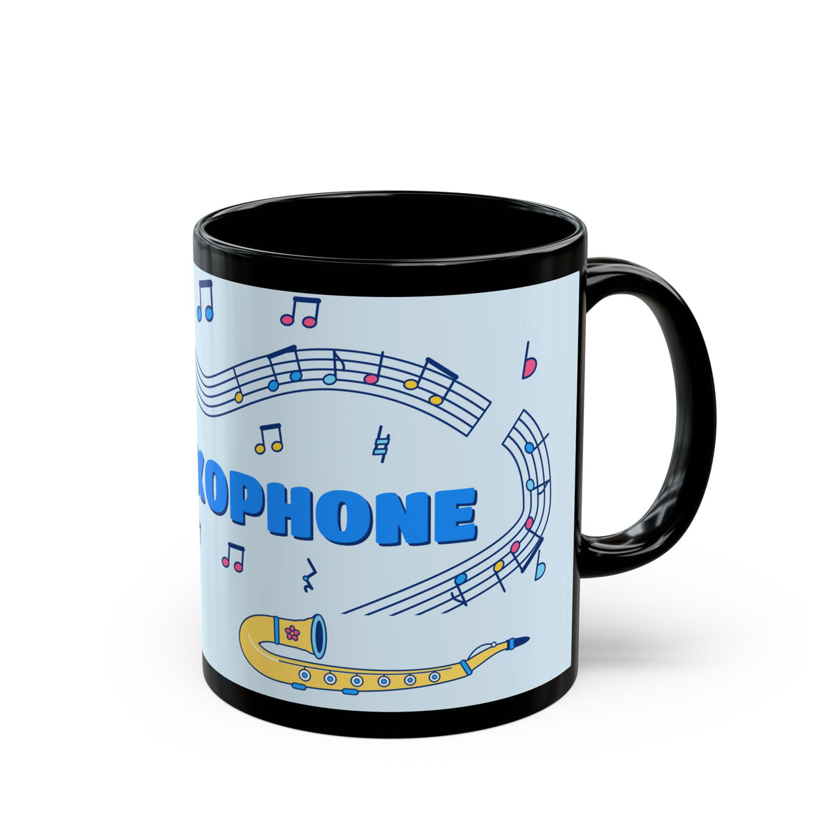 Music-themed Black Mug (11oz, 15oz): 'I love saxophone' - blue