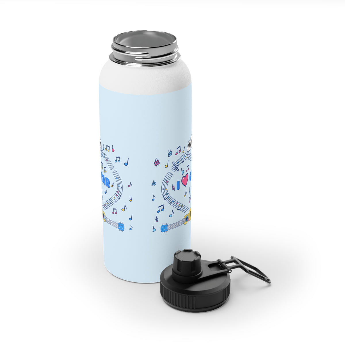 Music-themed Stainless Steel Water Bottle, Sports Lid: 'I love guitar' - blue