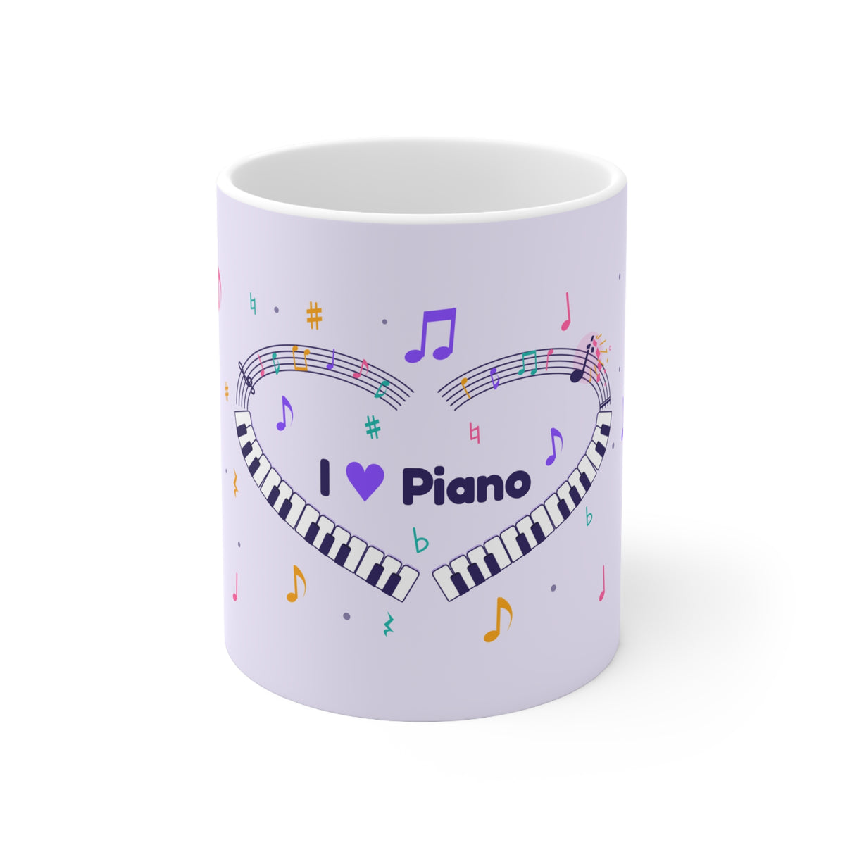 Music-themed Ceramic Mug, 11oz, 15oz: 'I love piano' heart - violet