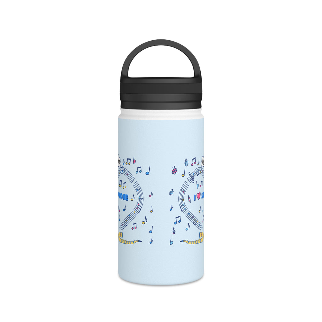 Music-themed Stainless Steel Water Bottle, Handle Lid: 'I love saxophone' - blue