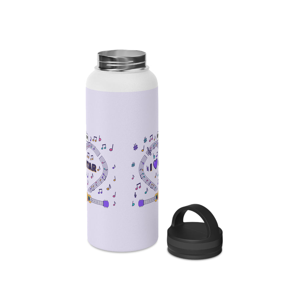 Music-themed Stainless Steel Water Bottle, Handle Lid: 'I love guitar' - violet