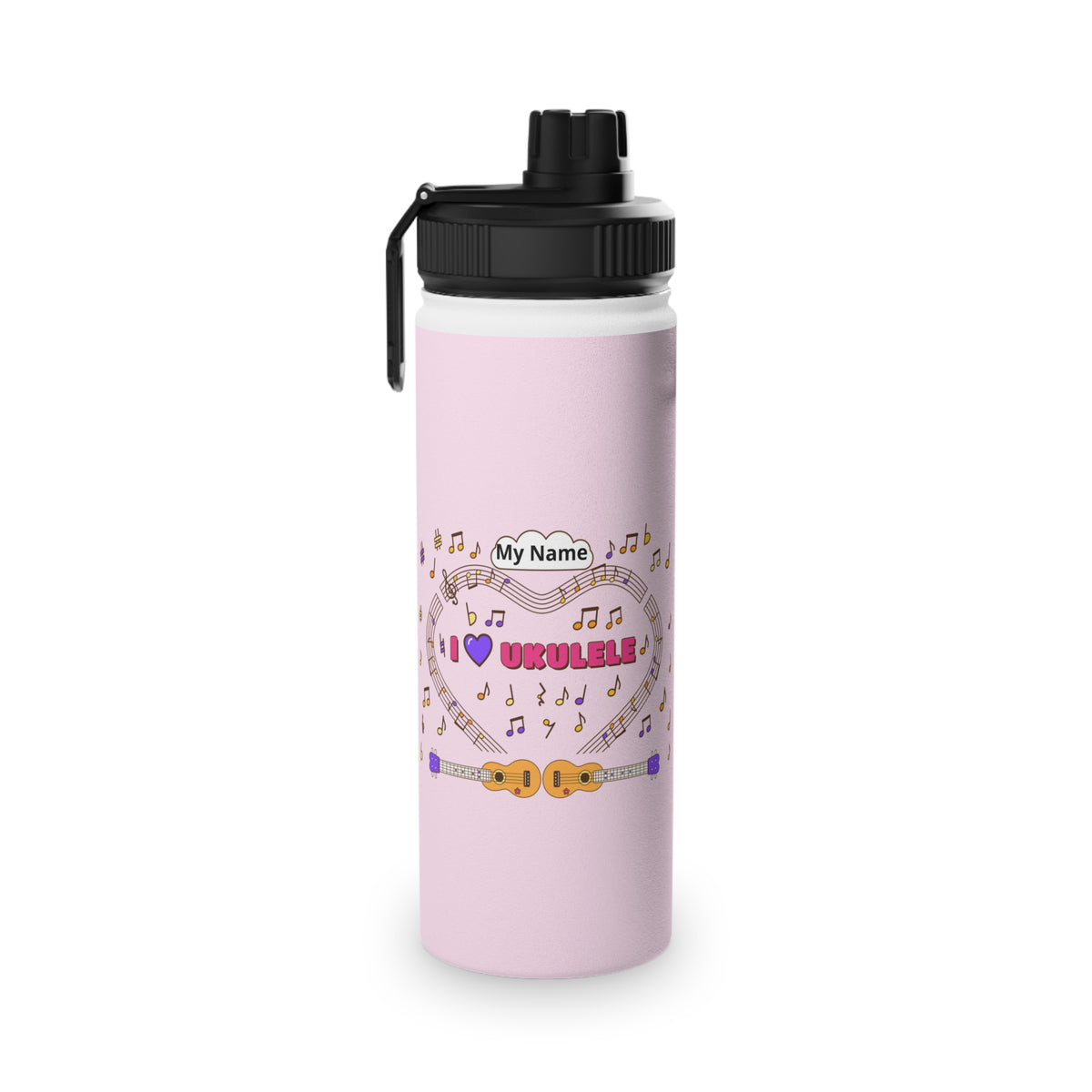 Music-themed Stainless Steel Water Bottle, Sports Lid: 'I love ukulele' - pink