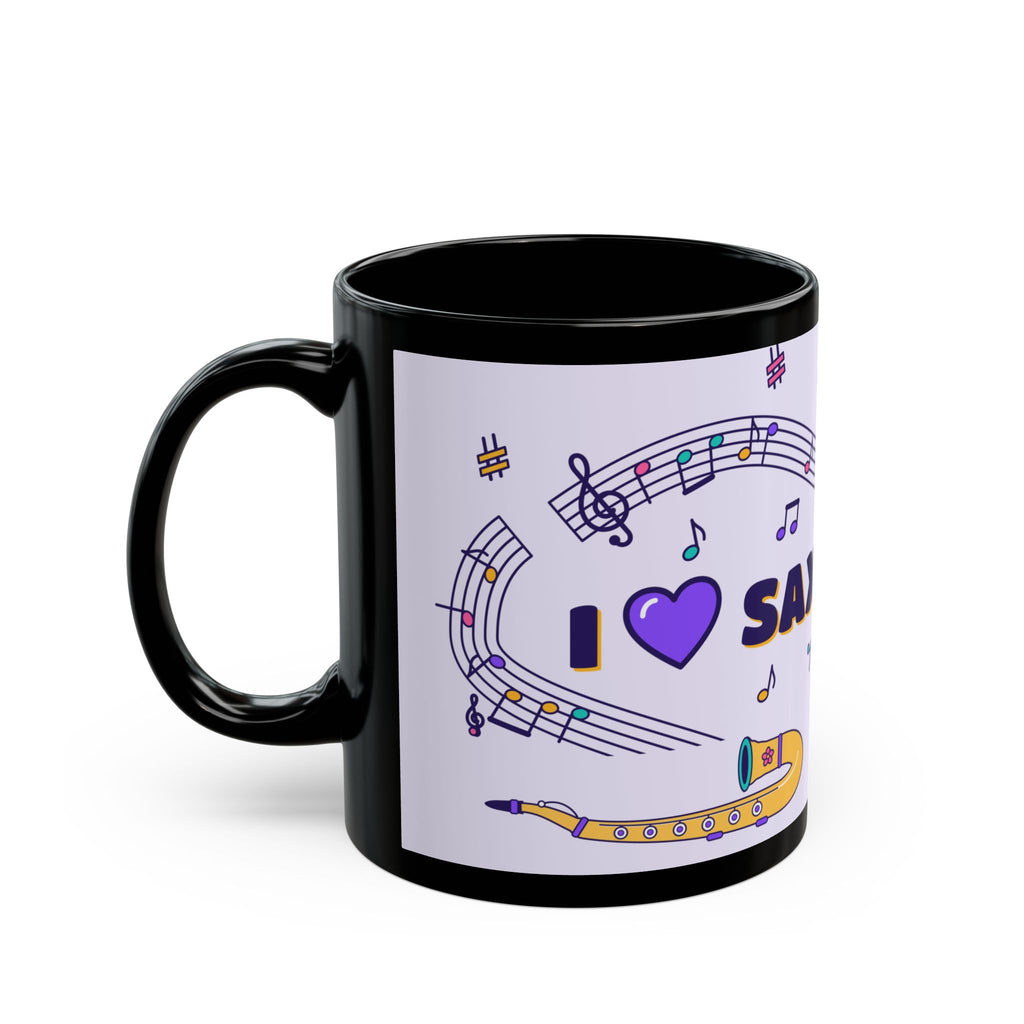 Music-themed Black Mug (11oz, 15oz): 'I love saxophone' - violet