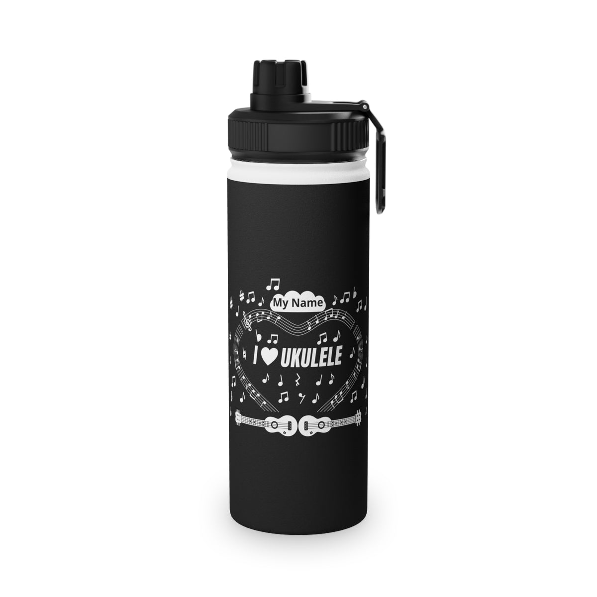 Music-themed Stainless Steel Water Bottle, Sports Lid: 'I love ukulele' - black & white