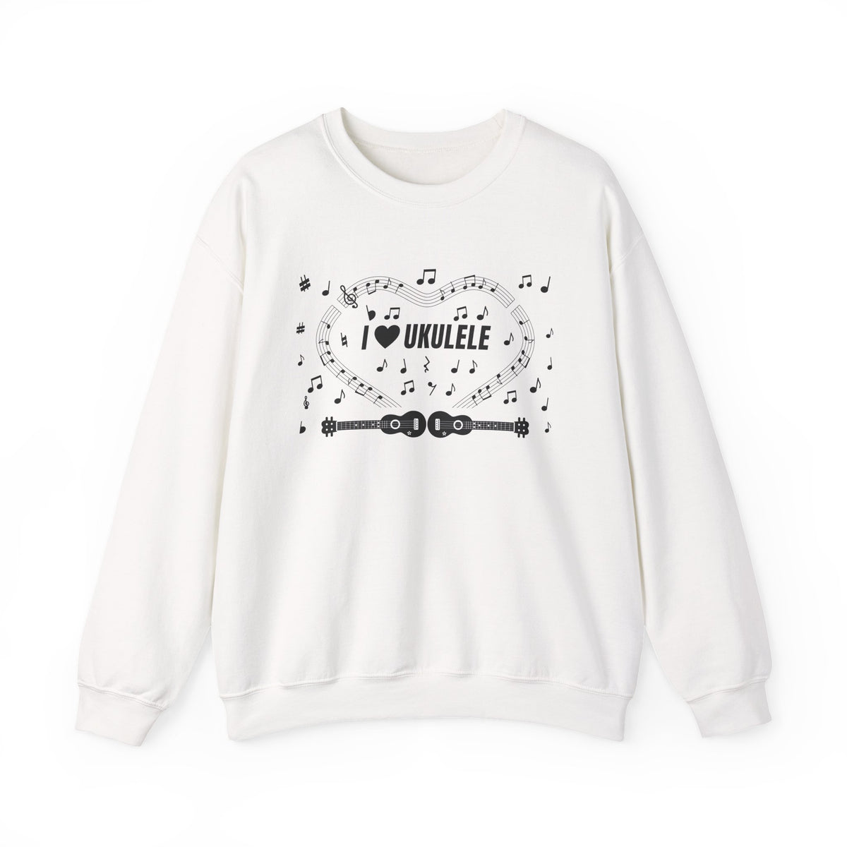 Music-themed Unisex Heavy Blend Crewneck Sweatshirt: 'I love ukulele' - black on white