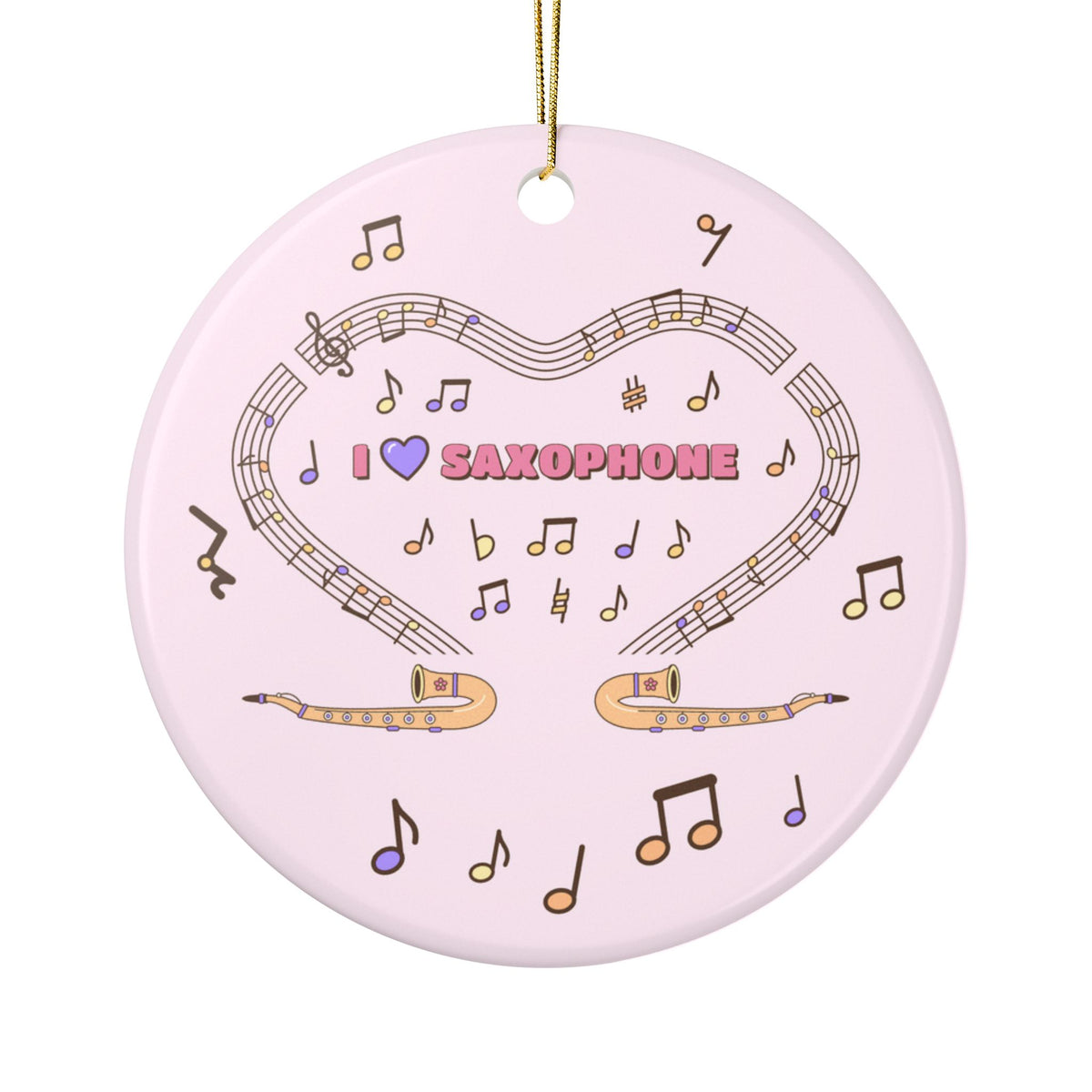 Music-themed Ceramic Ornaments, 2-Side Print: 'I love saxophone' - pink