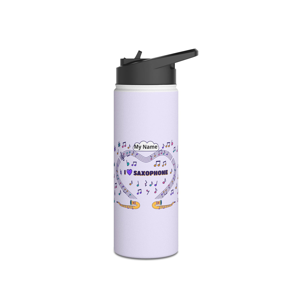 Music-themed Stainless Steel Water Bottle, Standard Lid: 'I love saxophone' - violet
