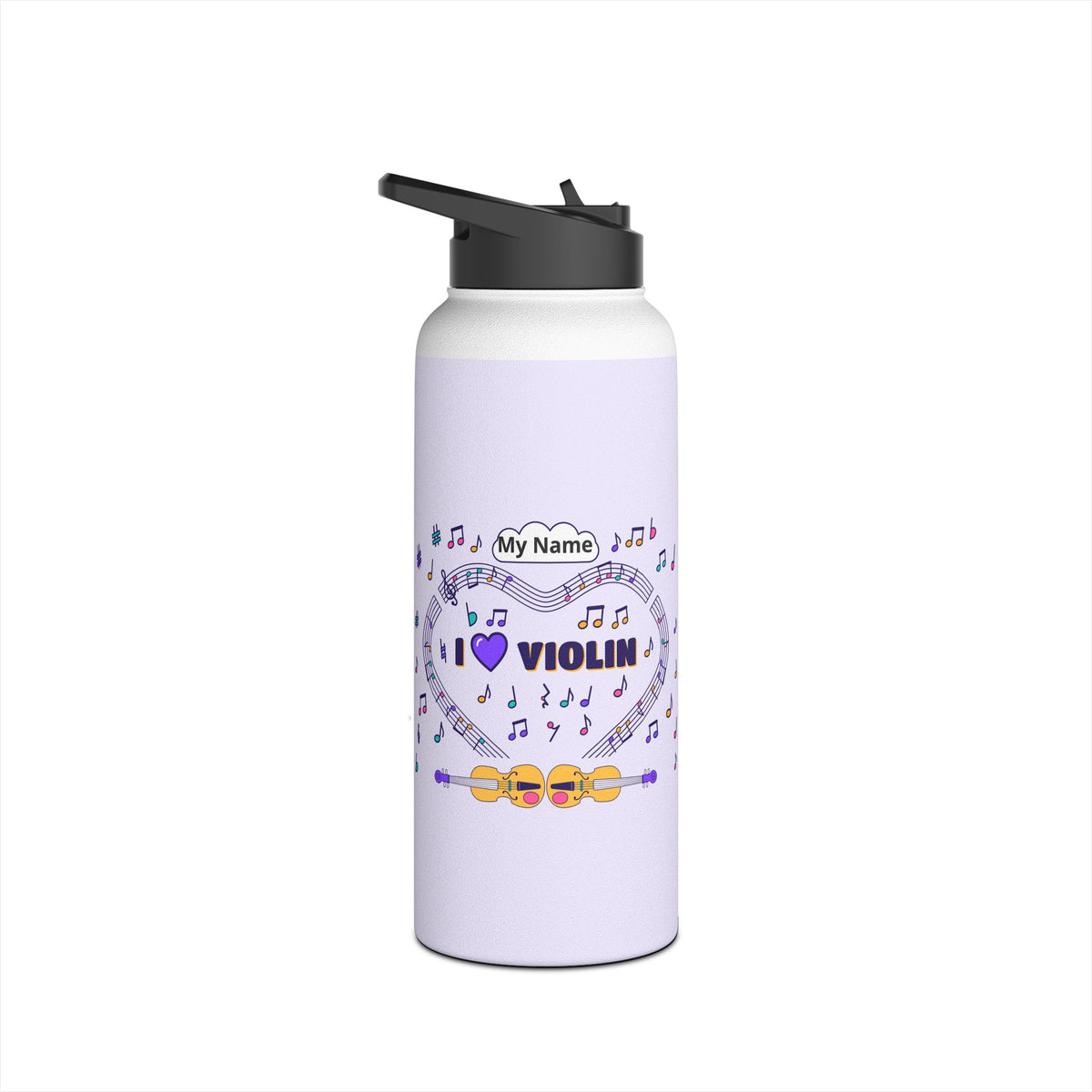 Music-themed Stainless Steel Water Bottle, Standard Lid: 'I love violin' - violet