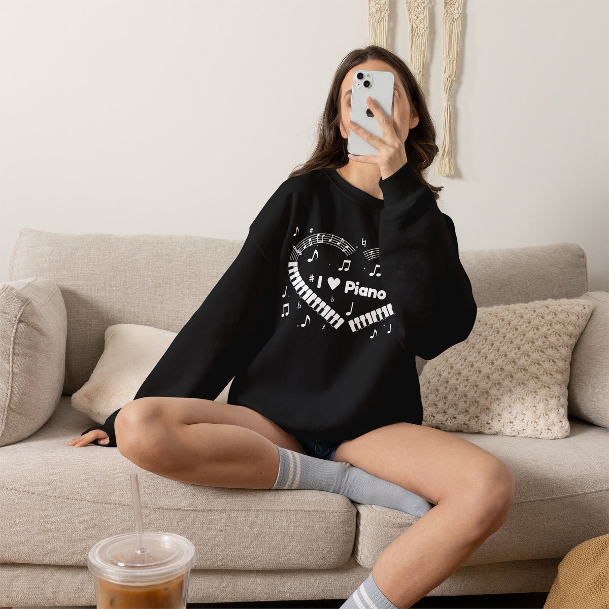 Music-themed Unisex Heavy Blend Crewneck Sweatshirt: 'I love piano' heart - black & white