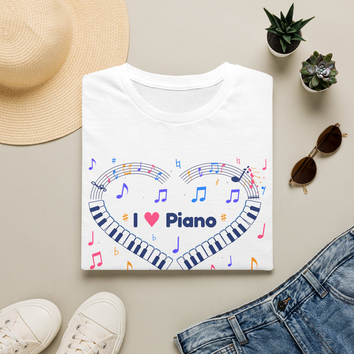 Music-themed Unisex Softstyle T-Shirt: 'I love piano' heart - blue