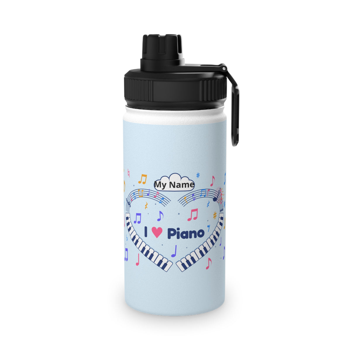 Music-themed Stainless Steel Water Bottle, Sports Lid: 'I love piano' heart - blue