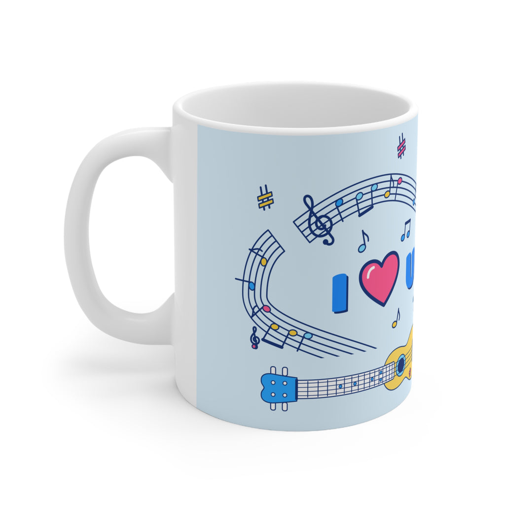 Music-themed Ceramic Mug, 11oz, 15oz: 'I love ukulele' - blue