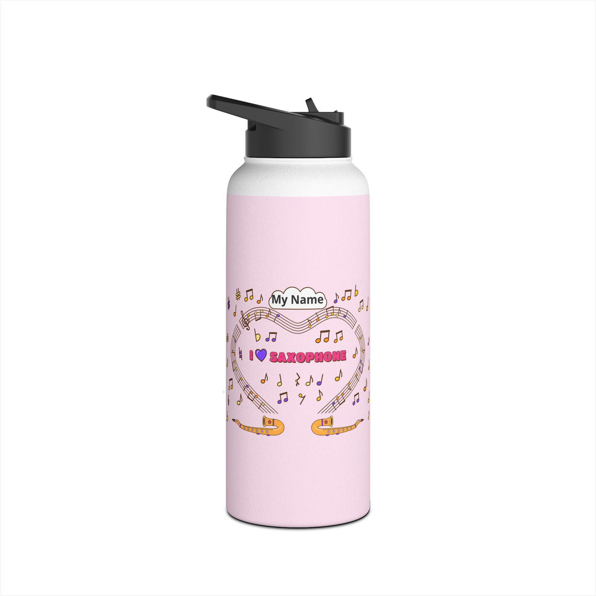 Music-themed Stainless Steel Water Bottle, Standard Lid: 'I love saxophone' - pink