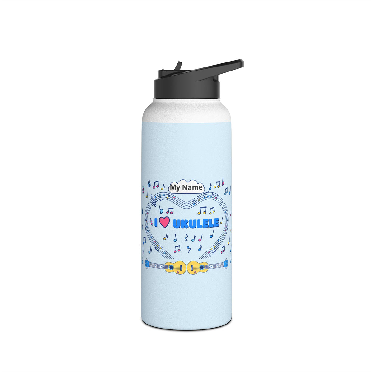 Music-themed Stainless Steel Water Bottle, Standard Lid: 'I love ukulele' - blue