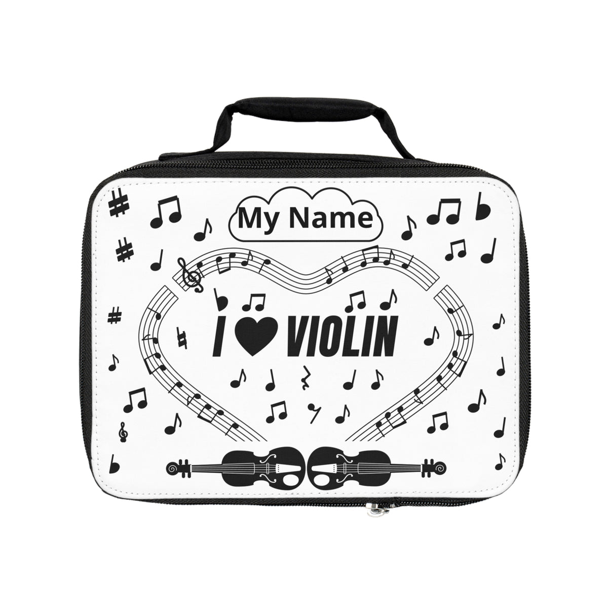 Music-themed Lunch Bag: 'I love violin' - black on white