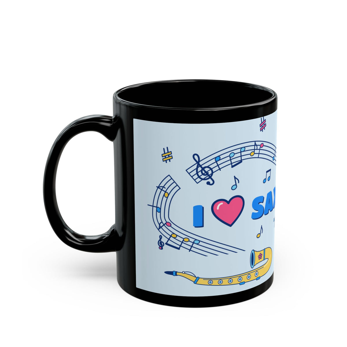 Music-themed Black Mug (11oz, 15oz): 'I love saxophone' - blue