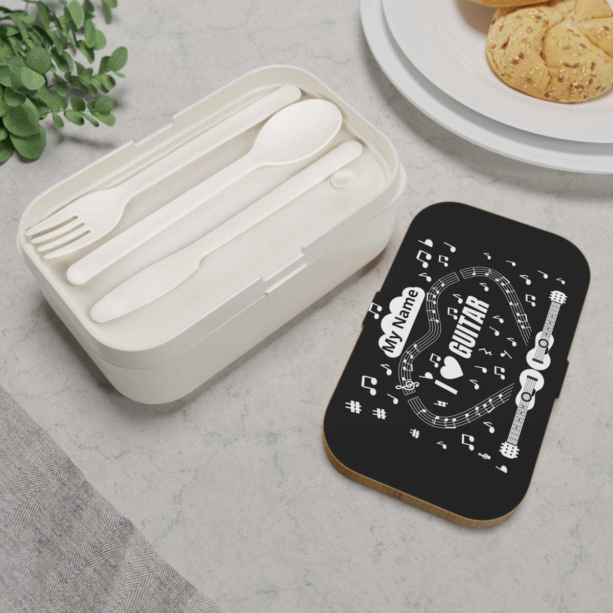 Music-themed Bento Lunch Box: 'I love guitar' - black & white