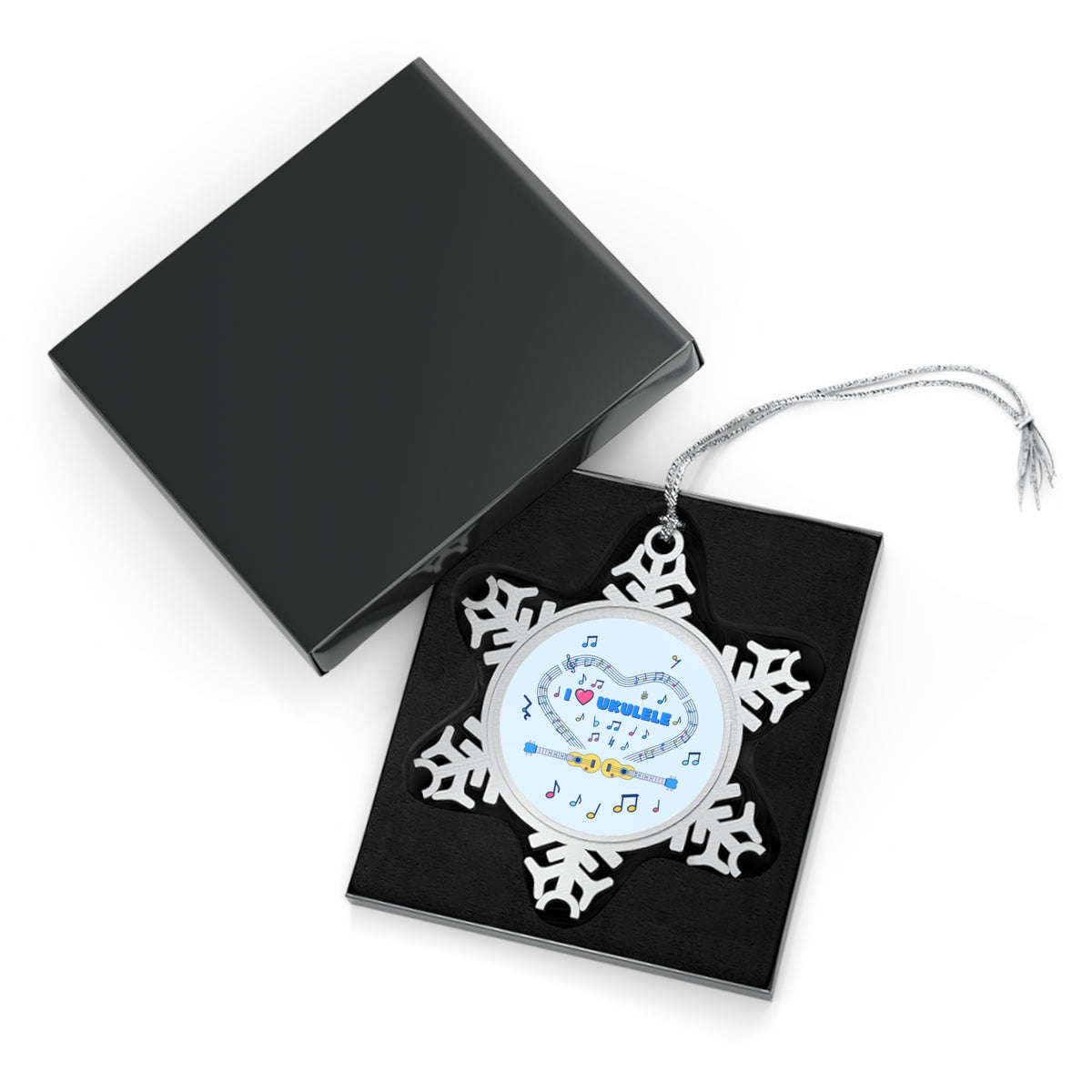 Music-themed Pewter Snowflake Ornament: 'I love ukulele' - blue