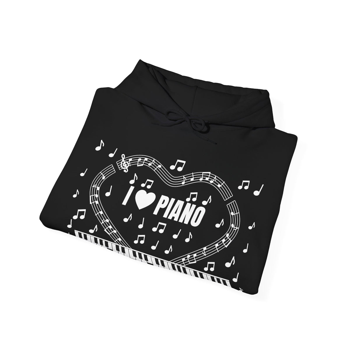 Music-themed Unisex Heavy Blend Hooded Sweatshirt: 'I love piano' - black & white