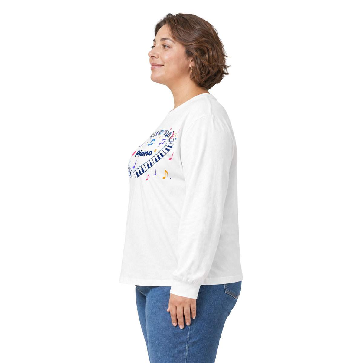 Music-themed Unisex Ultra Cotton Long Sleeve Tee: 'I love piano' heart - blue